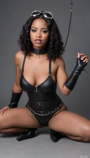 22 years old beautiful south african black sex slave woman wearing a bdsm outfit.making a, (submissive pose 1:2), in public teasing the camera, her face shows she is horny excited and want sex wearing a slave collar, (bdsm 1:2), she is docile subservient and submissive very obedient and the picture shows. in the picture she wants to please her master, and show she is a good slave that will do anything her master says.