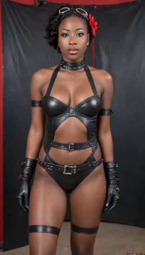 25 years old west african black sex slave woman wearing a leather bdsm outfit.making a submissive pose in public teasing the camera, her face shows she is horny excited and want sex wearing a slave collar, (bdsm 1:2), she is docile and submissive very obedient and the picture shows