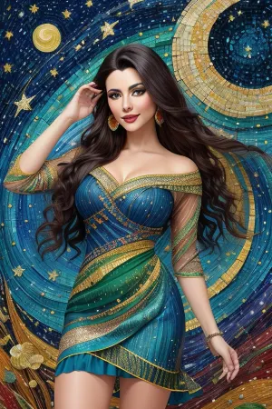 A woman with dark hair is posed in a stylized, painterly manner. She is adorned with a vibrant, textured dress composed of multi-colored, mosaic-like shards, reminiscent of a Van Gogh-style "Starry Night" painting. The dress features a crescent moon and is in shades of blue, green, yellow, and orange. The background is a serene landscape with mountains, trees, and a body of water.