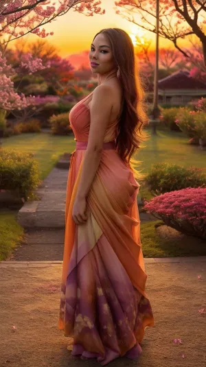 Create an image of a serene and enchanting sunset scene, capturing the golden and radiant hues of the setting sun as it casts a warm glow over the landscape. In the foreground, a confident woman stands, her silhouette softly illuminated by the sun's rays. She exudes a sense of inner peace and joy, embodying the magic of nature's beauty. The sky is painted with vibrant shades of orange, pink, and purple, while delicate cherry blossoms gently sway in the breeze, adding a touch of elegance to the scene. The overall mood is one of tranquility and self-celebration, inviting viewers to embrace their own confidence and inner glow., <lora:bimbostyleFiveU:.8>