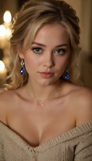 20 years old girl, close-up plump tits, comfy sweater, off-shoulder, soft lips, flirting eyes, blond wavy ponytail, dimly lit, warm candlelight, leaning forward, protective, noble, princess, elegant, jewelry, huge sapphire gems