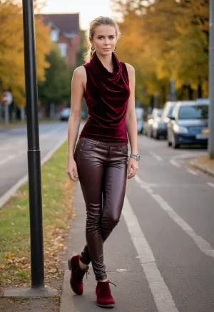 (photo taken in perfect autumn landscape, sundown light, waiting at busstop, out of town:1.5), photo shows complete Person, complete body, walking pose, dynamic, realistic, perfect lighting, (best shadows), 8K, UHD, clear image, (best lighting), best quality, ultra detail, fine detail, high resolution, 8k wallpaper, masterpiece, one female, (European Swedish mom 30 years old:1.7), ((skinny with very small breasts, perky tits, big areolas, big hard nipples:1.4)), (((skinny, small, petite, height 175 cm, long perfect legs, perfect round ass, autumn narrow waist, wide hips, smaller tits, flat, chested:1.5))), detailed green eyes, short red curly hair, shoulder length hair, tied in a braid at the back, individual hair strands in face, (very detailed face, beautiful, light freckles, tanned skin, full lips), ((wearing a detailed comfort fitted shimmering bordeaux velvet cowl neck shirt, sleeveless:1.5), (detailed skinny black leather pants, high sneekers, big earrings:1.5)), 4ss_p4nts, shiny, pants, <lora:Ass_Pants_XL:.8>