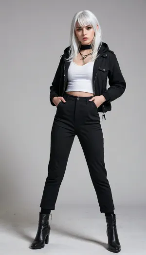 (masterpiece), best quality, very aesthetic, absurdres, highres, amazing quality, newest, 1girl, yellow eyes, tsurime, white hair, long hair, medium bangs, straight hair, demon horns, black horns, demon girl, small breasts, fit, mature woman, [lips], white eyebrows, black jacket, hooded jacket, dark red shirt, t-shirt, choker, ear piercing, black piercing, tucked-in jacket, high-waist pants, black pants, ankle boots, black boots, boot zipper, wide heels, pants tucked in, serious, white background, looking at viewer, hand in pocket, [from below], full body