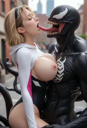 1 girl, sexy beautiful 18 years old Gwen Stacy from Spiderman Across the Spiderverse, blonde hair, blue eyes, (Realism:1.8), (big breasts:1.6), (Dressed in a Spider Gwen suit:1.4), New-York city, (black tentacle symbiote Venom:1.4), Venom kisses Gwen, (The symbiote consumes the girl:1.4), (moaning, horny, intense orgasm:1.4), (girl moans out of sexual pleasure), big symbiote Venom cock, (Cowgirl:1.5), Side view