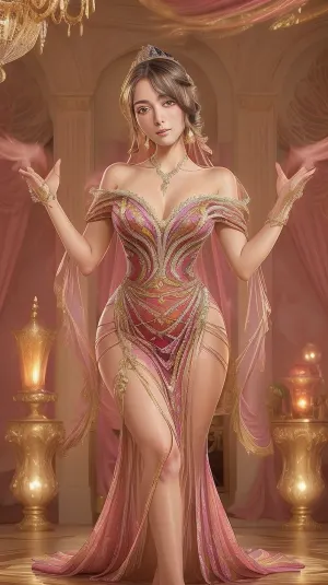 A beautiful and elegant anime woman wearing a vibrant evening gown. The gown is a kaleidoscope of colors, featuring intricate patterns and flowing fabrics that catch the light with every movement. She stands gracefully in a lavish ballroom, with grand chandeliers casting a soft, shimmering glow across the room. Her expression is serene and poised, exuding confidence and charm. The background is adorned with ornate decorations and rich textures, enhancing the luxurious and enchanting atmosphere. The scene captures a moment of elegance and sophistication, with a touch of fantasy in the anime style., woman, <lora:Monique 20:.5>
