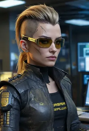 cyber punk girl in the office at the desk, long styled blonde-black hair, cyberpunk style, hyperrealistic, cyberpunk corpo, cyberpunk 2077 character, cyberpunk, elegant corporate clothing of a cyberpunk corpo, sci-fi businesswoman, professional photograph, high quality, HDR, RAW color, black-golden shirt, black-golden suit, cyber glasses, body with microchips, cyber implants in the body, chip in head, cybernetic eyes, robot neck, future gun in hand, mohawk, <lora:FF-CyberF-Male1Locon:1>, <lora:Cyber_ID:.5>, <lora:cyber_aesthetic_sdxl:.5>