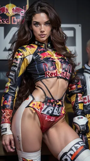 (((wearing red bull motorcycle racing suit))), slender body, e body, siting, legs, 40 years old, skinny body, full-length view, (highly detailed white stocking:1.18), small waist, slender girl, hips, ass, slender ass, very slender, mini, portrait, professional, very slender body, thin arms, skinny girl, thin hips, freckles, narrow torso, skinny torso, very body, (hot body:1.9), (very hot body:1.9), electronic body, inexperienced, early, thin waist, skinny arms, (transparent silhouette:1.28), (with backlight:1.12), (e:1.25), (highly detailed brunette curly hair:1.18), (highly detailed nose:1.18), (highly detailed eyes:1.18), (((Very detailed face))), sweaty skin, textured skin, (perfect fingers:1.2), (masterpiece, face of the best quality), super realistic, very long dark curly hair, penetrating gaze, seductive, sexy, glamorous, plump lips, Gorgeous goddess, ATHLETES, SLAVIC GODDESS, (((SLAVIC ATHLETE))), athlete with small hips, (((VERY THIN))), (((VERY ATHLETIC))), (((HYPER ATHLETIC))), very fit, sculpted body, athletic body, chiseled body, muscular beauty, ATHLETIC PHYSIQUE, TONED BODY, (((SUPERMODEL))), athlete with curves, muscular body, (toned muscles:1.3), (musculature:1.3), (muscles, toned body, abs, perfect body), (perfect ass, toned ass), slim body, toned abs, ((big e cup breasts)), tall, girl, (long legs:1.2), (straight legs:1.3), long legs, athletic physique, gymnast physique, toned physique, slender athletic legs, very narrow waist, rounded hips, very high legs, athletic buttocks, (huge round e-cup breasts:1.7), amazing ass, amazing tits, elegant, sensual, curvy, massive breasts, very erotic beautiful attractive fitness model, perfect body, huge tits, ((BIG TITS:1.4)), very busty, ((showing tits:1.11))
