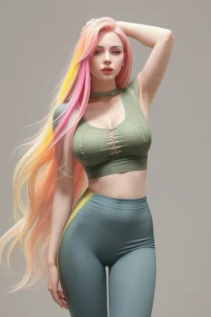 The image is an illustration of a woman with long coloured hair with under boob in croptop
