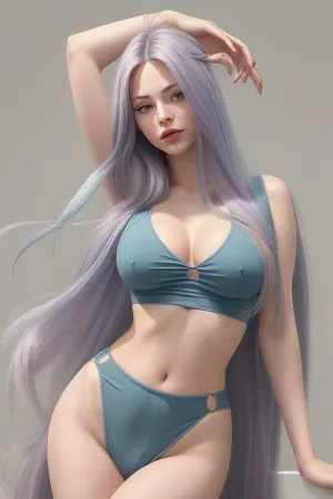 The image is an illustration of a woman with long coloured hair with under boob in croptop
