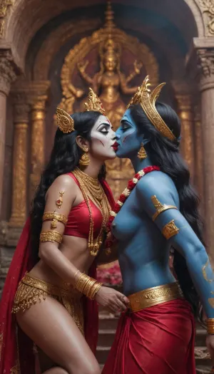 Indian goddess kali and Durga kissing in temple surrounded by corpses