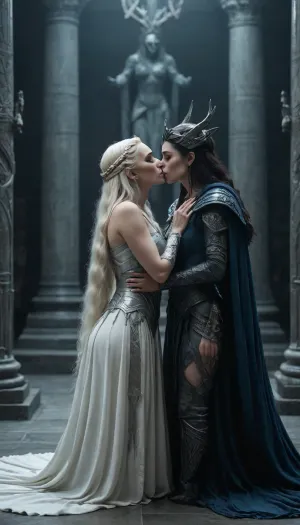 nordic goddess hela and skadi kissing in temple surrounded by corpses