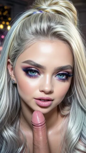 Hyperrealism, raw, 8k, (Masterpiece:1.4), (high resolution:1.4), (18 years old beautiful, stunning unique female character), (subtle shimmering makeup), (vibrant blue and blonde hair, loose hair), (clear focus), (ultra realistic, realistic, photorealistic, photo realistic, photorealism, photo realism), (maximum quality, ultra-detailed, insanely detailed, highly detailed, high quality, uncompressed, raw source photograph), (highly detailed eyes, high resolution eyes, high quality eyes, highly detailed skin, detailed skin texture, highly detailed hair), (same color eyes, symmetric eyes, matching eyes, detailed eyes, detailed iris, detailed pupils, limbal ring around iris, perfectly round iris, perfectly round pupils), (striking eyes, captivating eyes, mesmerizing eyes, glittering eyes, big eyes, pixie face), natural petite cutie, full body on pic, 18 years old beautiful, stunning unique female character. She has large turquoise eyes filled with joy and excitement, extravagant eyelashes, making this image a masterpiece of photography and digital art. Style, realistic hyper-detailed rendering, 32k UHD, expressive eyes, punk, graphic design, girl's face, pretty and cute, gleaming lips, white skin, (licking dick), LickingPenisQuiron, pose, fellatio, pov, penis, erection, licking, <lora:weight_slider_v2:.1>, <lora:age_slider_v20:-1>, <lora:more_details:.5>, <lora:r0m4nt1cg0th:.5>, <lora:quiron_LickingPenis_V2_lora:.7>