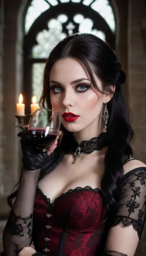 (An enrapturing portrait of a stunningly beautiful goth girl in a gothic castle, drinking red wine from an ornate goblet:1.4), (silhouetted against a dark, stone wall backdrop:1.3), (focus on eyes, intense expression, unnerving, eerie, inescapable eye contact, demanding presence:1.5), (long, straight deathly white hair cascading over her shoulders, contrasting with her dark makeup), (soulless pale blue eyes, pale creamy porcelain skin, creamy skin texture, chiselled cheekbones, strong jawline, defined jawline, elegant neck, subtle vellus hairs), (goth makeup, smoky eye shadow, heavy mascara, winged eyeliner, long eyelashes, immaculate eyebrows, blood red lipstick, wet lip look), (her predatory smirk hints at the deadly fangs hidden beneath her glistening lips), (wearing a black lace corset, black choker with a silver pendant, black lace gloves), (holding a silver goblet with red wine, wine stains on her lips, wine swirling in the goblet), (gothic architecture in the background, stone walls, arched windows, wrought iron details, flickering candles in ornate candelabras), ZipRealism