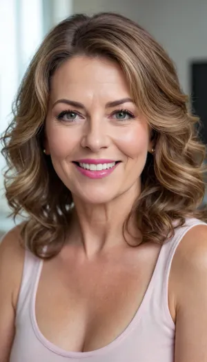 Close-up portrait of a fat 55 year old GILF with long, curly brown hair, styled in soft waves. She has fair skin and light natural makeup, with soft pink lips and subtle eyeliner. The woman is smiling gently, her expression calm and relaxed. She is wearing a sleeveless white top, with part of her shoulder and chest visible in the frame. The background is a neutral, light gray wall, with soft natural lighting illuminating her chubby face. In the blurred background, a small section of a television screen with a colorful image is visible, along with a golden decorative item on the side. The photo is taken indoors with a minimalistic setting, and the focus is on her face, with a shallow depth of field.