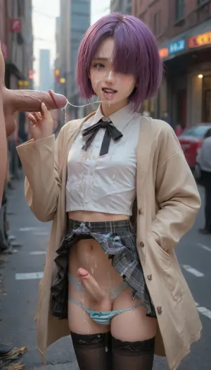 hand up, looking at viewer, cyberpunk, (cyberpunk), android, (android), part robot, detached kimono sleeves, smile, ahegao, male focus, yaoi, ribbon, short bobcut hair, hair over eyes, (hair covers eyes), purple hair, standing, thighhighs, femboy, black thighhighs, blush, cum on clothes, covered in cum, cum everywhere, cum in panties, (covered in cum), bukkake, cum soaked, cum on boobs, cum on belly, cum on arms, cum on face, cum on legs, cum on whole body, cum on penis, open mouth, penis, saliva, sweat, tongue, tongue out, underwear, clothes lift, cum string, saliva trail, shirt, striped, jacket, panties, panty pull, trap, navel, skirt, bow, midriff peek, plaid, plaid skirt, miniskirt, cowboy shot, skirt lift, neck ribbon, frills, vest, pleated skirt, black skirt, outdoors, striped panties, black ribbon, testicles, crossdressing, erection, cum in mouth, naughty face, facial, bow panties, blue panties, after ejaculation, bulge, penis bulge, cum on tongue, d, clit penis, after fellatio, busy street, breast cutout, boob cutout, (boob window), crop top, trench coat, cum on male, (dragon, ball_), cum, on, face, 1980s, (style\), bluethebone, 1girl, girl, Nobue, Itou, Chika, Miu, Matsuoka, Matsuri, Sakuragi, Ana, Coppola, anime, <lora:JustCum:1>, <lora:enhancerV4-xl:2>, <lora:Ichigo Mashimaro_XL:1>, <lora:EnvyCyborgXL01:2>, <lora:Cyberpunk _Anime_V2_light_version-SDXL:2>