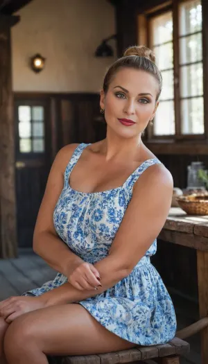 45 yo finnish kind woman sitting in peasant house, ((curvy body)), in light summer short sundress, flashed her coloured panties, dark blonde bun haircut, ((makeup:1.5)), small tits, beaten, skirt, lift, <lora:tearsXL:.5>, <lora:skirtLift:.5>