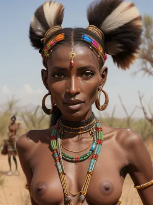 very skinny, extreme dark ebony skin, mature African Masai tribe woman fucking with tribesman, traditional accessories adorned on nude body, desert field, hairy pussy, 4d0t4k3ch, StokeRealV1, <lora:StokeRealV1:.5>