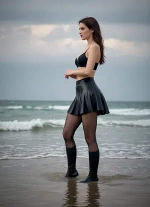 Wearing a skirt, black bra, black pantyhose, high boots, in the sea, wet clothes, side view