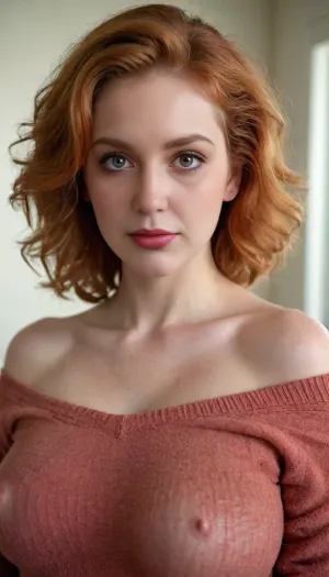 soft lips, mesmerizing eyes, ginger teacher, seducing viewer, romantic atmosphere, busty, curvy, close-up, mommy fetish, messy hair, secret fling, off-shoulder, fluffy sweater, sweaty skin, closet, undressing, wet