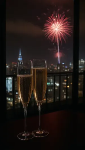 (avant-garde snapshot aesthetic, deep saturation, shadowy vignetting, film grain:1.8), (light leaks, bokeh:1.5), (champagne, champagne flute, penthouse balcony, city skyline fireworks:1.4), (sharp focus on champagne flute in foreground:1.1), (out of focus couple kissing in the background:1.3)