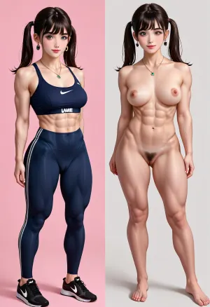 masterpiece, ultra-detailed, best quality, (photo-realistic, hyper-realism:1.2), clear image, detailed face, (full body shot), cute, pretty, 21years old, Her height is 152cm.short stature, Japanese girl standing straight, (arms at sides, frontal body, wide stance:1.2), look at viewer, smile, black clean eyes, naked, barefoot, (round face:1.3), beautiful black hair, bangs, straight twin-tails, (thick muscular body, big muscle, thick arms, female bodybuilder:1.2), medium breasts, big ass, pale skin, flushed skin, pubic hair, (2split views, same_person, same body_proportions, same_face, same_body, same_pose, same_angle, onoff:1.2), front view, detailXL, more detail XL, <lora:detailed_notrigger:.8>, BREAK, (Athletic style fashion, wearing NIKE's sports_bra and sports_tights and shoes.), earrings, necklace, camel-toe
BREAK
simple light-blue and pink background, <lora:OnoffXL_ExtraCrispy:.7>