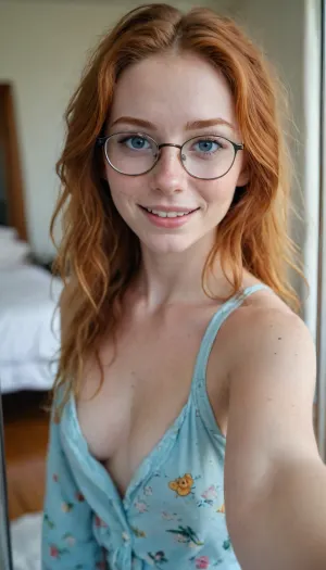 18 year old girl, babe face, ginger, freckles, smile, best quality, photorealism, masterpiece, ice blue eyes, messy hair, (pajama pants), glasses, topless, taking selfie in mirror