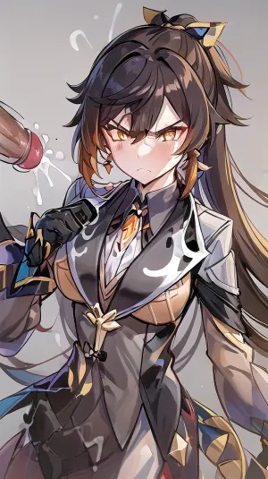 masterpiece, best quality, zhongli, (genshin impact), female focus, cute face, jewelry, long hair, 1girl, middle breast, solo, earrings, bangs, gloves, ponytail, black gloves, multicolored hair, brown hair, hair between eyes, single earring, jacket, tassel earrings, long sleeves, tassel, looking at viewer, yellow eyes, gradient hair, suit, black hair, (angry face:1.4), (pov titjob:1.4), liquid cum, cum on face, cum on breast, (grey background:1.4), (kbxll:.6), cum, on, cloth, holding, a, big, dick, in, her, hand, giving, man's, handjob, <lora:zhongli:.4>, <lora:zhongliloha:.4>, <lora:cum_on_cloth:.7>, <lora:pov handjob:.7>