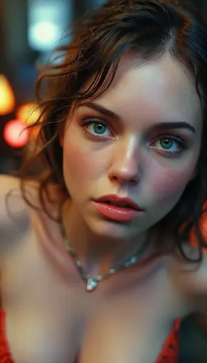 Photorealistic, POV, view from above, nymphomaniac slut, cleavage, blushing, <lora:MJ52:.8>