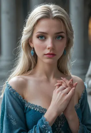 A cursed porcelain doll of snow queen, her pale blue eyes now empty voids that reflect nothing. Her platinum blonde hair is painted onto her porcelain head, yet tiny cracks reveal something shifting beneath the surface. Her ice-blue gown is stiff and unmoving, shimmering as if frozen in time, yet cracks spread like frostbite across her arms and neck. Her delicate fingers end in sharp, claw-like points, clicking together unnervingly. As she raises her hand, instead of delicate snowflakes, eerie, frozen marionette strings descend from the darkness above, controlling her every move. The ice palace behind her is shattered, its jagged remains pulsing with an eerie, cold glow.