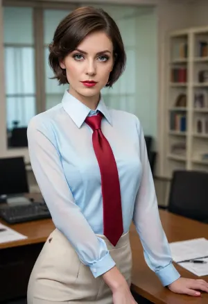 absolute beauty classy brunette hair 30yo woman, brunette hair, bright ice blue eyes, red eye shadows, short haircut with side parting, hair tucked behind ears on right side, round butt, she wears cream colored velvet shirt blouse with necktie, black business suit, high heels, full body, she stands in a Victorian-style office, show her from front, <lora:681678_training_data:.5>