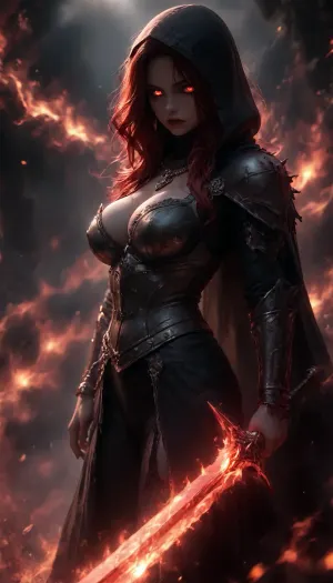 woman, long black messy hair, rings, earrings, necklace, bracelet, strong makeup, big breasts, perfect Body, best quality, perfect face, perfect body, highres, 8k wallpaper, (soft lighting:.5), quality, black hood, cape, ((deathknight black spiky full metal warrior armor)), hood, burning undead tomb, black warpaint, skulls, (burning dark red fireball in Hand), dynamic pose, fire armor bustier deep cleavage, (perfect ass), (fire), (burning), (Leg armor), hkstyle, nipples, ((dynamic sexy pose)), nip slip, angry facial expression, flaming eyes, (surrounded by fire), Black Lace Stockings Pantyhose Suspender Garter Belt Thigh High Socks, <lora:hkstyleV5:1.2>, <lora:dark:.6>, (burning dark red greatsword in Hand), very pale skin, (dark red flamewaves:1.5), (dark red electricity:1.5)