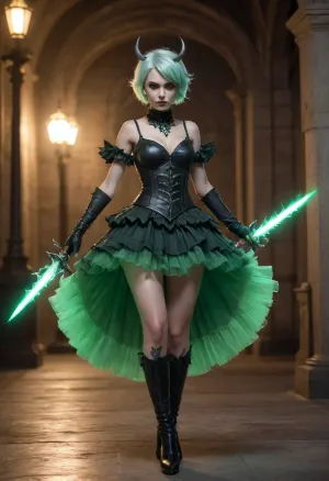 Full body, Sylvina, the taken breath, (AFK_Journey), undead, female, assassin, rogue, young, no-nonesense, apathetic, swift, efficient, ashy brown skin tone, short straight pale green hair, large dark green horns, frilled dress, poofy tutu, two glowing green stiletto daggers, glowing green eyes, skeletal motif, rib pattern on dress, bone aesthetic