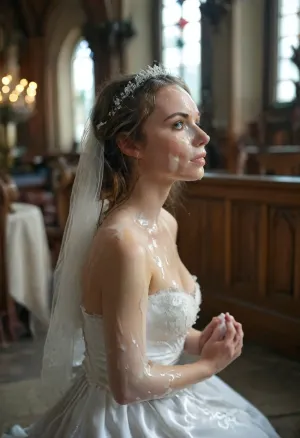 Elegant woman wearing a wedding-gown with white liquid on her face, kneeling in a church, facial, cum, on, face, breasts, stomach, covered, in, perfect, <lora:Facials:.8>, <lora:MJ52:.8>