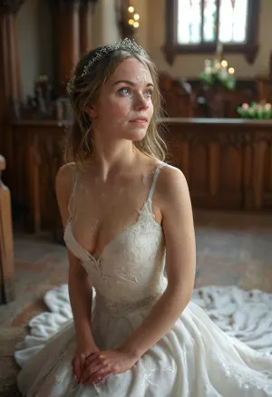 Elegant woman wearing a wedding-gown with white liquid on her face, kneeling in a church, facial, cum, on, face, breasts, stomach, covered, in, perfect, <lora:Facials:.8>, <lora:MJ52:.8>
