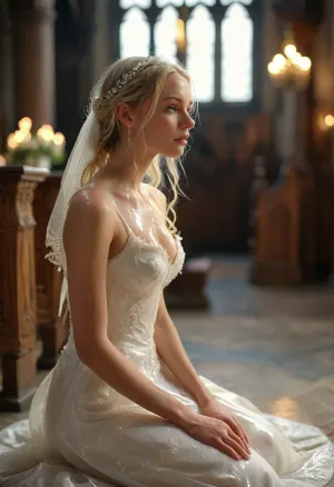 Elegant blonde woman wearing a wedding-gown with white liquid on her face, kneeling in a church, blushing, facial, cum, on, face, breasts, in, perfect, <lora:Facials:.2>, <lora:MJ52:.8>
