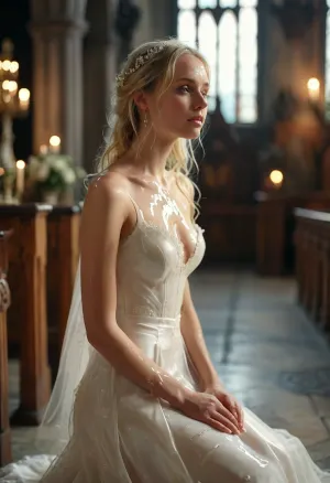 Elegant blonde woman wearing a wedding-gown with white liquid on her face, kneeling in a church, blushing, facial, cum, on, face, breasts, in, perfect, <lora:Facials:.2>, <lora:MJ52:.8>