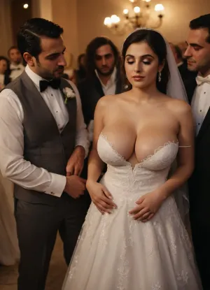 A romantic wedding photo of an Iranian couple, busty woman, big heavy tits, heavy boobs, big cleavage, heavy bridal makeup, wearing a sexy and slutty Strapless white dress, side boobs exposed, dresswith a very high and very deep V-neck, long v neck dree, while standing next to the groom and the other male guests are rubbing the slutty bride's body.
