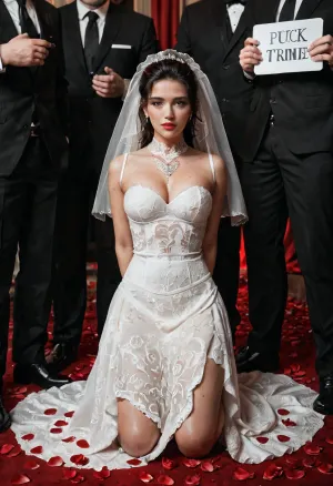 A humiliated white Persian bride in a wedding scene, kneeling in shame, a bride in a white wedding cutout dress with a long veil lying on a black bed, her body covered in body writing with red and black markers, texts like 'Breed Me by Black Kings', 'White Cuck’s Shame', 'BBC Only', and 'Black Owned' written on her stomach, chest, and thighs, two dominant black men in black leather outfits standing over her, a dark and erotic wedding setting with red lighting, rose petals on the ground, a sign saying 'Worthless White Groom' in the background, power dynamics, racial humiliation theme, real breeding fantasy theme, cinematic style, highly detailed, dramatic lighting, 8k resolution"