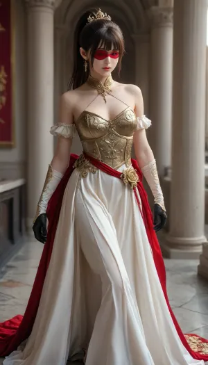 24 year young sexy woman, brunette, warrior gold with a longsword, fantasy gold armor, among the wastelands, visible titts, elegant hairstyle, very very big tits, tiara on her head., jinliu, default, clothes, silver, hair, blue, and, white, chinese, dress, 1girl, red, eyes, long, boots, black, gloves, bangs, bare, shoulders, ponytail, footwear, Blindfold, with, crescent, marking, eyepatch, covered, <lora:jingliu-a3-Tanger-000014:.8>, <lora:WildcardX-XL-Detail-Enhancer:.8>