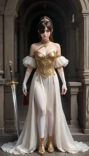 24 year young sexy woman, brunette, warrior gold with a longsword, fantasy gold armor, among the wastelands, visible titts, elegant hairstyle, very very big tits, tiara on her head., jinliu, default, clothes, silver, hair, blue, and, white, chinese, dress, 1girl, red, eyes, long, boots, black, gloves, bangs, bare, shoulders, ponytail, footwear, Blindfold, with, crescent, marking, eyepatch, covered, <lora:jingliu-a3-Tanger-000014:.8>, <lora:WildcardX-XL-Detail-Enhancer:.8>