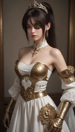 24 year young sexy woman, brunette, warrior gold with a longsword, fantasy gold armor, among the wastelands, visible titts, elegant hairstyle, very very big tits, tiara on her head., jinliu, default, clothes, silver, hair, blue, and, white, chinese, dress, 1girl, red, eyes, long, boots, black, gloves, bangs, bare, shoulders, ponytail, footwear, Blindfold, with, crescent, marking, eyepatch, covered, <lora:jingliu-a3-Tanger-000014:.8>, <lora:WildcardX-XL-Detail-Enhancer:.8>