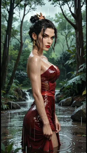 Azula sato from Avatar, comic dress, under rain, wet body, forest