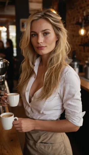 Female 35 yo barrista in a coffebar, blonde messy long hair, a few of hair strands hanging loosely on her face, oblong face shape, high prominent cheekbones, roman nose shape, lot of freckles on nose and cheeks, wide lips, puffy lower lip, black upturned round eyes, wide pupils, skinny, B-cup breast, wide hips, tight waist, unbuttoned shirt and apron, a cup of coffe in her hands, she is playing coquettishly with a strand of her hair, perfect hands, perfect sledner fingers, french nail manicure, tempting gaze, seductive eyes