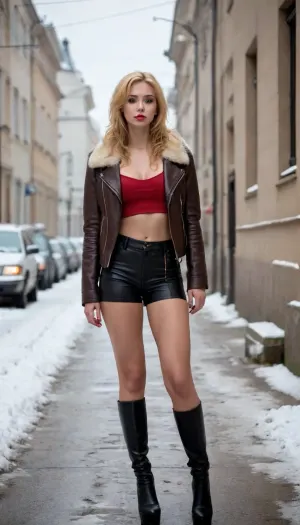 (((((It's cold outside, early autumn, there's snow in some places, Russian street prostitute in tight-fitting leather visas from behind from side voyeurism effect)))))