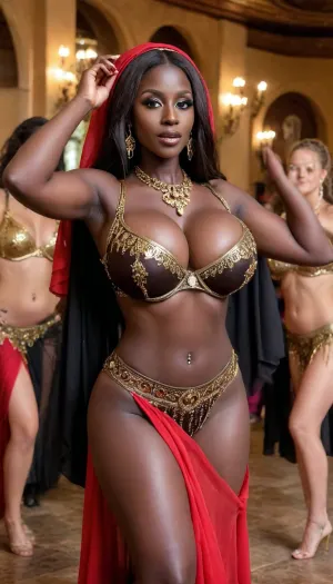 Belly dance group with old housewives, ((dark black African housewives)), dark black Asian-African dancers, very dark skinned women, ((the skin like very dark chocolate)), (((extremely dark skin))), ((belly dance)), dressed in very tight red erotic belly dance outfit with golden coins, each woman with different colored veil, veil, swirling in station hall, hair fluttering, plump breasts with huge big nipples bobbing during the dance, the huge firm breasts spilling out of the bra, very small bra, (balconette), the clothes barely cover the dreamlike perfect body, (((hourglass figure))), huge big beautiful breasts, wide protruding pelvis, wide thick round ass. Spectators stand outside and clap, realistic picture on all women, dancing poses

Translated with DeepL.com, (free version), Translated with DeepL.com, large, breasts, big, boobs, huge, tits, <lora:bombshell_v2:1>