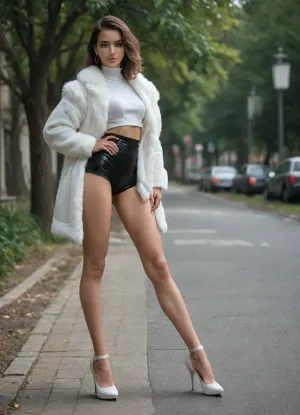 full view, (view from side:1.3), beautiful east european tall skinny slut, 18 years, band of two prostitutes sexy standing, hand on hips, holding cigaret, side by side, bobcut clip, makeup, (very long legs:1.4), plateau boots high, (ultra big cameltoe puffy poking cameltoe:1.3), retro-shorts low waist ultra shiny pastel light blue, (ultra glossy shiny reflective:1.3), stockings white stripes knee-high, super waist, fluffy fur jacket, summer on sidewalk downtown trees bright sun, perfect illumination cameltoe, ultra high resolution picture, 8k