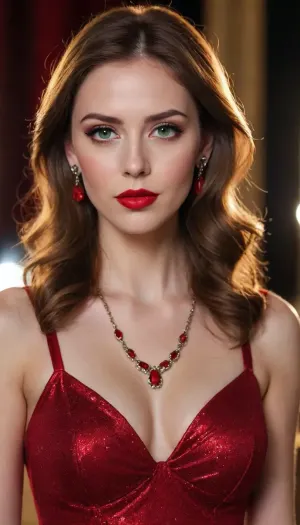 incredibly beautiful woman, green light eyes, brown hair, scarlet red lips, red lipstick, bloody nose, red earrings on her ears, scarlet red ruby ​​necklace on her neck, in a beautiful long dress to her feet, the color of the dress is dark sophrase, in beautiful red heels with shimmer, a beautiful expensive handbag, 25 years old woman