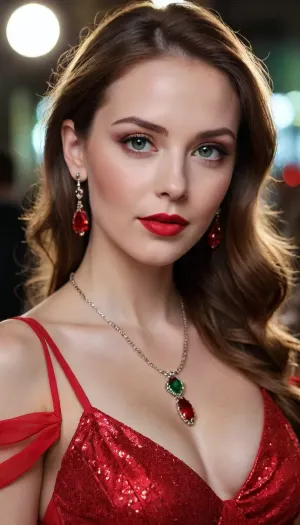 incredibly beautiful woman, green light eyes, brown hair, scarlet red lips, red lipstick, bloody nose, red earrings on her ears, scarlet red ruby ​​necklace on her neck, in a beautiful long dress to her feet, the color of the dress is dark sophrase, in beautiful red heels with shimmer, a beautiful expensive handbag, 25 years old woman