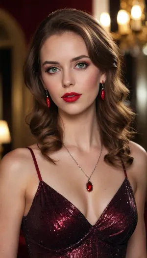 incredibly beautiful woman, green light eyes, brown hair, scarlet red lips, red lipstick, bloody nose, red earrings on her ears, scarlet red ruby ​​necklace on her neck, in a beautiful long dress to her feet, the color of the dress is dark sophrase, in beautiful red heels with shimmer, a beautiful expensive handbag, 25 years old woman