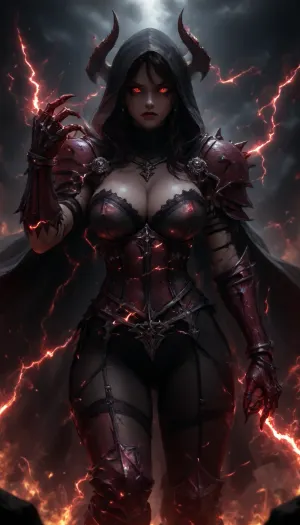woman, long black messy hair, rings, earrings, necklace, bracelet, strong makeup, big breasts, perfect Body, best quality, perfect face, perfect body, highres, 8k wallpaper, (soft lighting:.5), quality, black hood, long cape, ((deathknight black spiky full metal warrior armor)), hood, burning undead tomb, black warpaint, skulls, dynamic pose, fire armor bustier deep cleavage, (fire), (burning), (Leg armor), hkstyle, nipples, ((dynamic sexy pose)), nip slip, angry facial expression, (firewalls), flaming eyes, (surrounded by fire), Black Lace Stockings Pantyhose Suspender Garter Belt Thigh High Socks, very pale skin, (dark red electricity:1.5), ((demon arm claw)), <lora:hkstyleV5:1>, <lora:dark:.5>, <lora:add-detail-xl:.7>